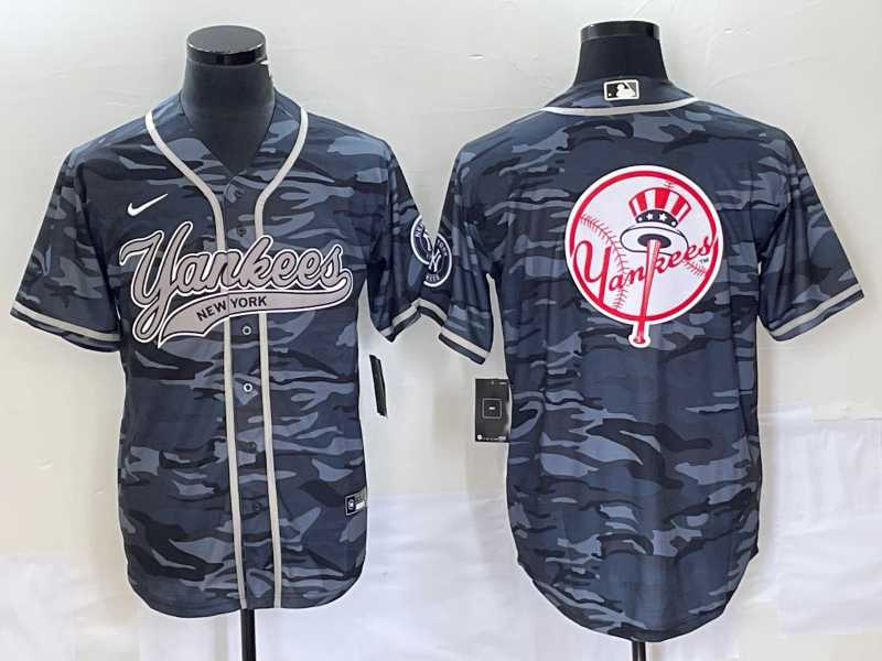 Men's New York Yankees Gray Camo Team Big Logo With Patch Cool Base Stitched Baseball Jerseys